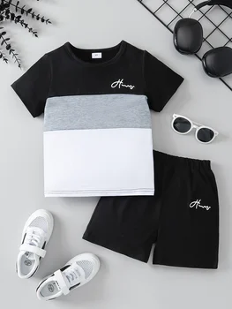 Summer Baby Boys Clothing Set Color Block Script Print Short Sleeve Tee & Elastic Waist Shorts 2Pcs Casual Playwear Toddler Kids