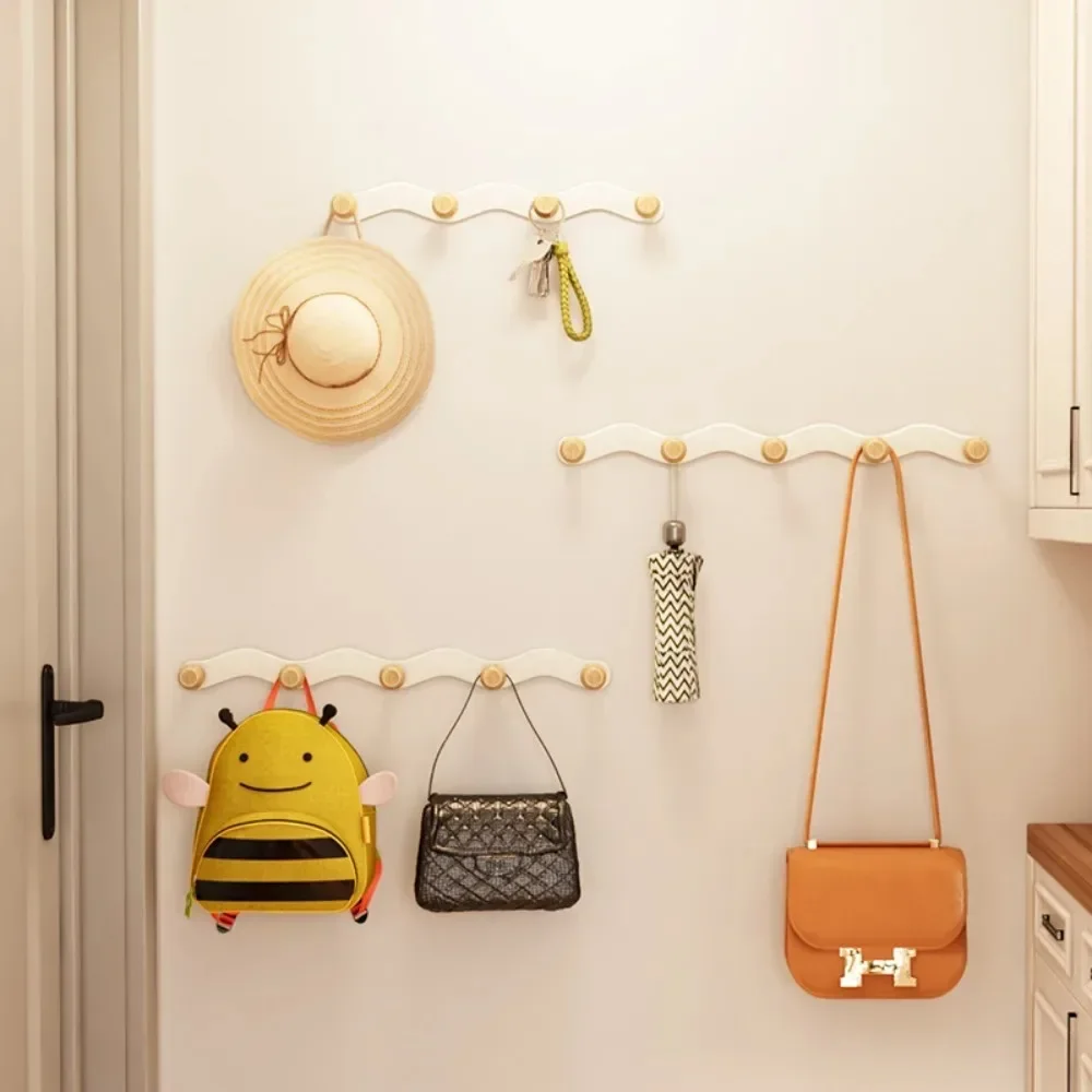 Wall Mount Coat Rack Porch Bathroom Clothes Hook Creative Wave Iron Hook Row No Punch Multi-Functional Wooden Hanger Coat Hooks