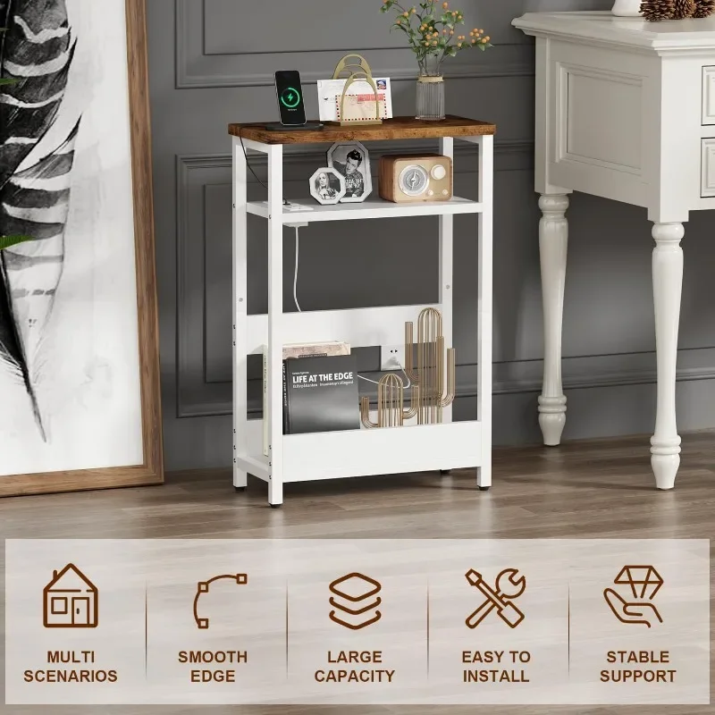 Narrow Side Table Set of 2, with Charging Station, End Table for Small Spaces, Nightstand with 2 USB Ports and 2 Outlet 5