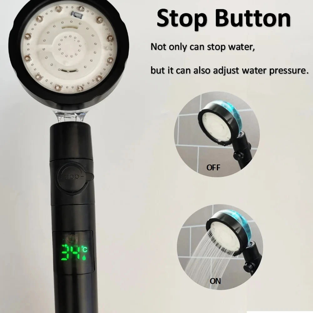 LED Digital Temperature Display Shower Head Temperature Control Colorful Fan Spray Nozzle High Pressure Rainfall Bathroom Shower 4