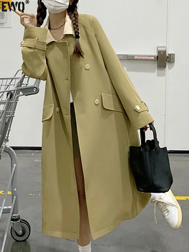 

[EWQ] Korean Chic Spliced Double Breasted Big Size Trench Coat Fashion Casual All Match Coat Women 2024 Spring Autumn 16U7667