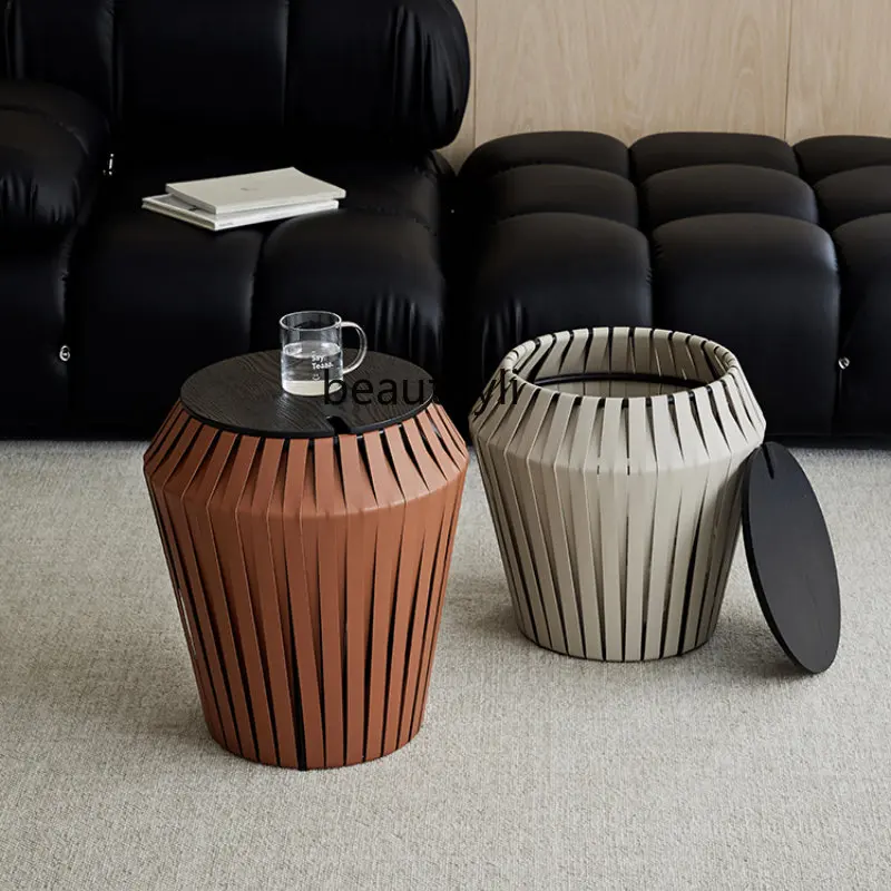 

yj Modern Simple Saddle Leather round Storage Jar Mini Light Luxury Side Table Coffee Table