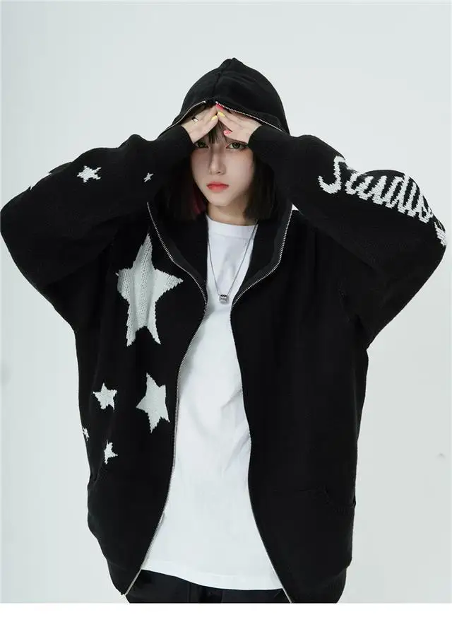 Vintage Letter Star Jacquard Knit Cardigan Sweaters Women Harajuku Streetwear Hooded Knitwear Coats Y2k Punk Casual Sueter Mujer