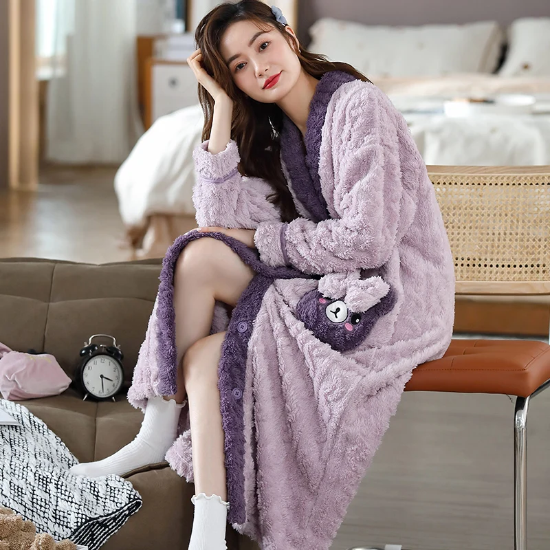 Kimono Cute Winter Warm Robes For Women Flannce Kawaii Sleepwear Fashion Sexy Nightwear Plus Size Long Bathrobe Girl Home servic