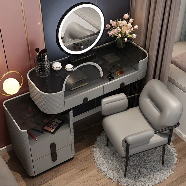 Makyaj masası Modern şifoniyer masa LED Mirros ev yatak odası tuvalet masası  yoğunluğu kurulu makyaj masası ayna mobilya ile _ - AliExpress Mobile
