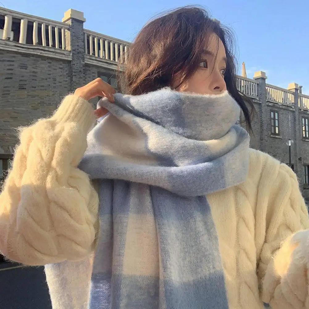 Stilvoller, schlichter, koreanischer, blau-weiß karierter Schal mit Karomuster, weicher warmer Winterschal für kaltes Wetter, Damen-Quastenschal-Wickel – Detail 5