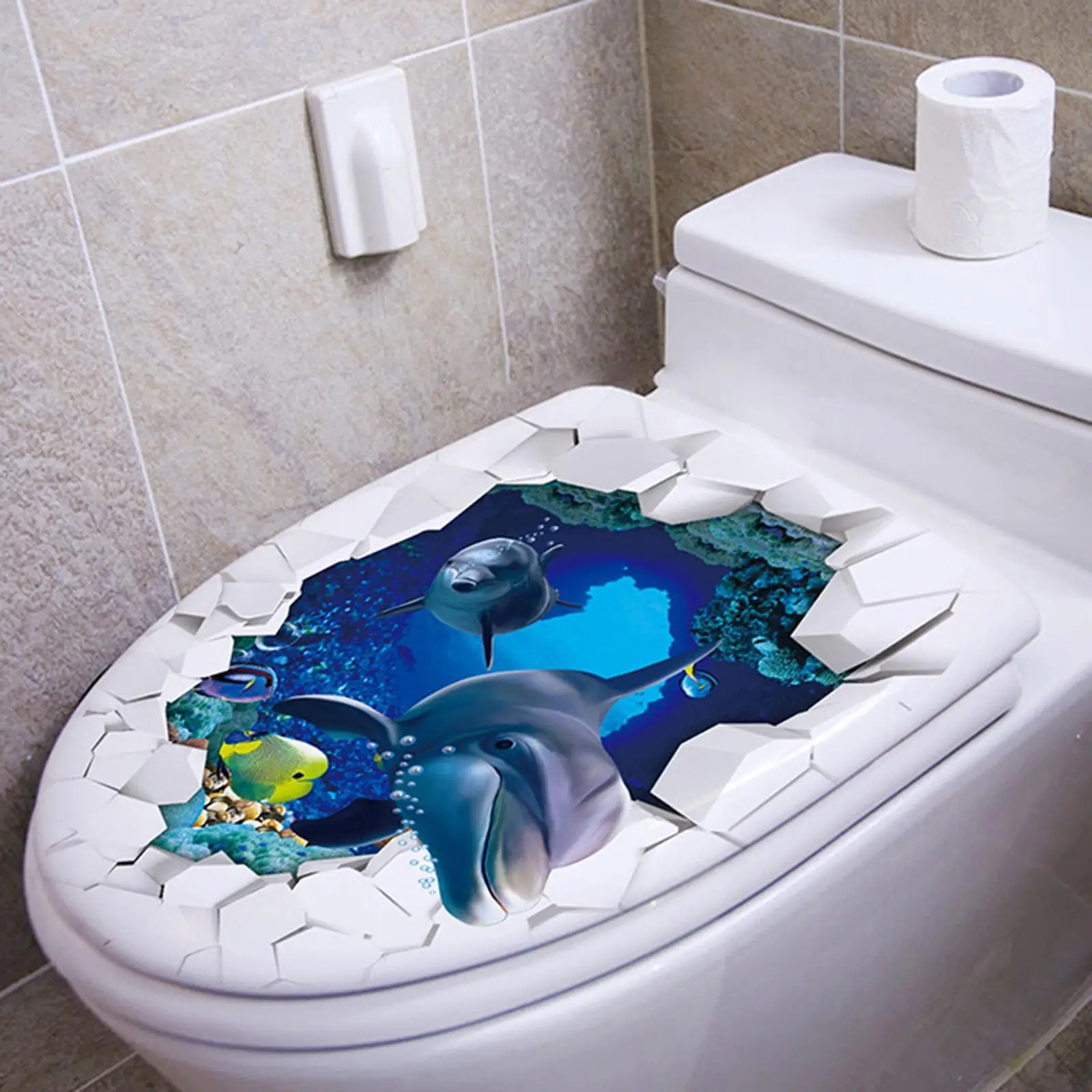 Toilet Sticker Removable PVC Wall Decor Decoration Undersea World Sticker Toilet Seat Cover Decal for Restroom Cistern Bathroom
