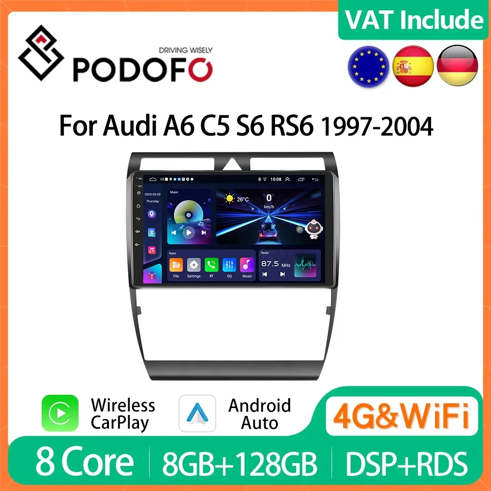 4G Wireless CarPlay Radio For Audi A6 C5 S6 RS6 1997-2004 Android Multimedia Player 2din Head Unit DSP Stereo Receiver RDS