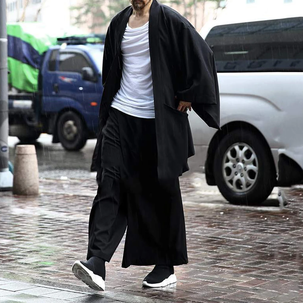 Mens Fashion Solid Color Bat Sleeve Cardigan Autumn New Loose Trend Clothing Mid-Length Versatile Personality Jacket Windbreaker
