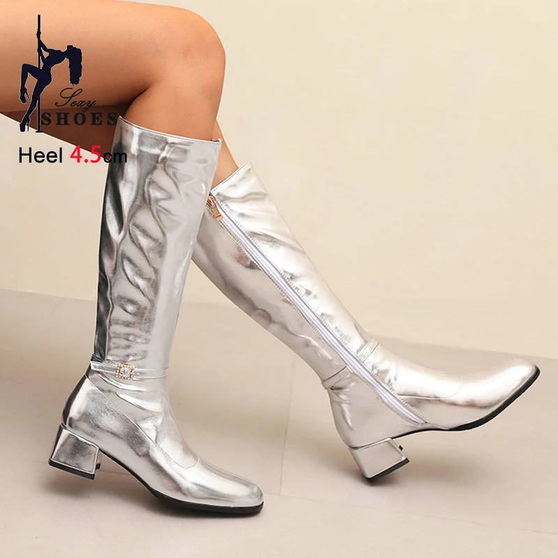 4.5CM Chunky Heel Women Knee High Boots Luxurious Silver Stage Show Shoes Belt Buckle Design Winter Square Toe Party Long Boots