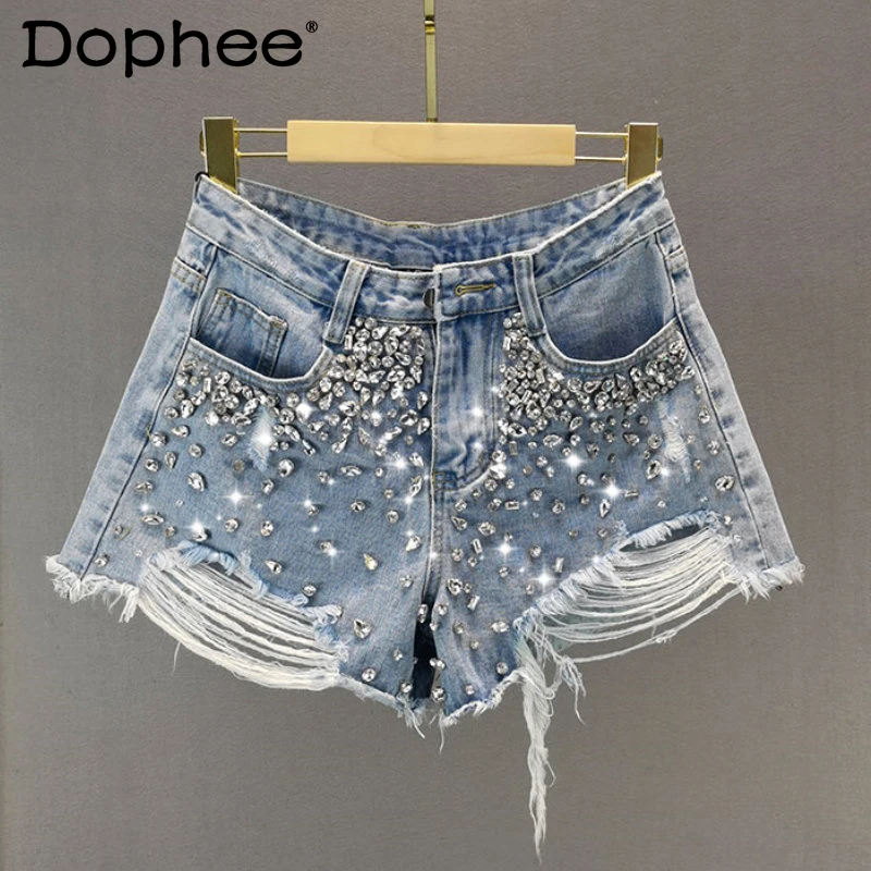 

Ripped Wide-Leg Denim Shorts Women's 2023 Summer New High Waist Exquisite Rhinestone Hot Pants Ladies Streetwear Jean Shorts