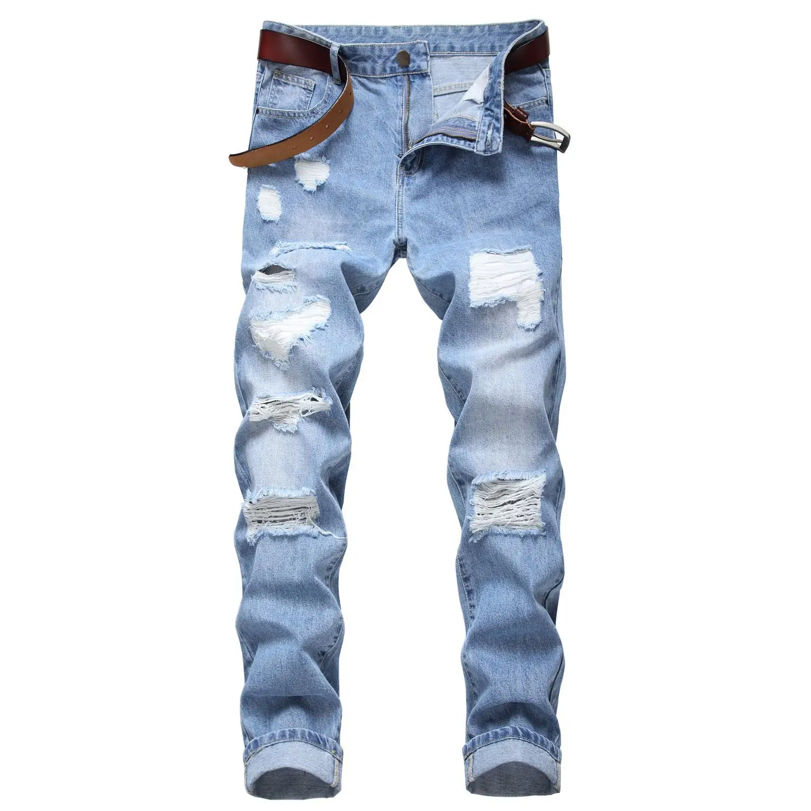 

FUAMOS New Personalized Slim-fit Ripped Jeans Men's Street Trendy European American Cotton Straight Denim Pants Casual Trouses