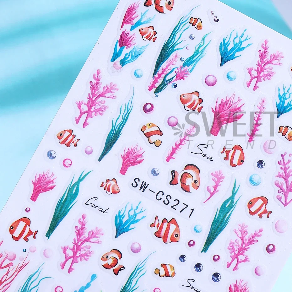 2pcs Ocean Animal Nail Art Stickers 3D Summer Starfish Shell Seaweed Fish Design Adhesive Sliders Nail Decals DIY Manicure Decor