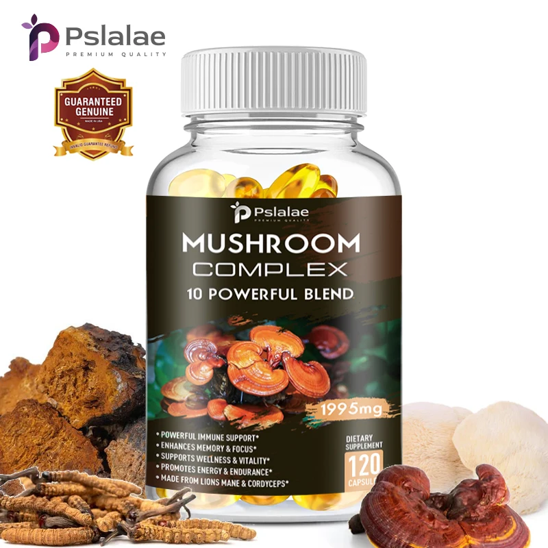 Mushroom Complex Capsules-Lions Mane Chaga Reishi Cordyceps-Support Immune System Memory Focus and Relieve Stress
