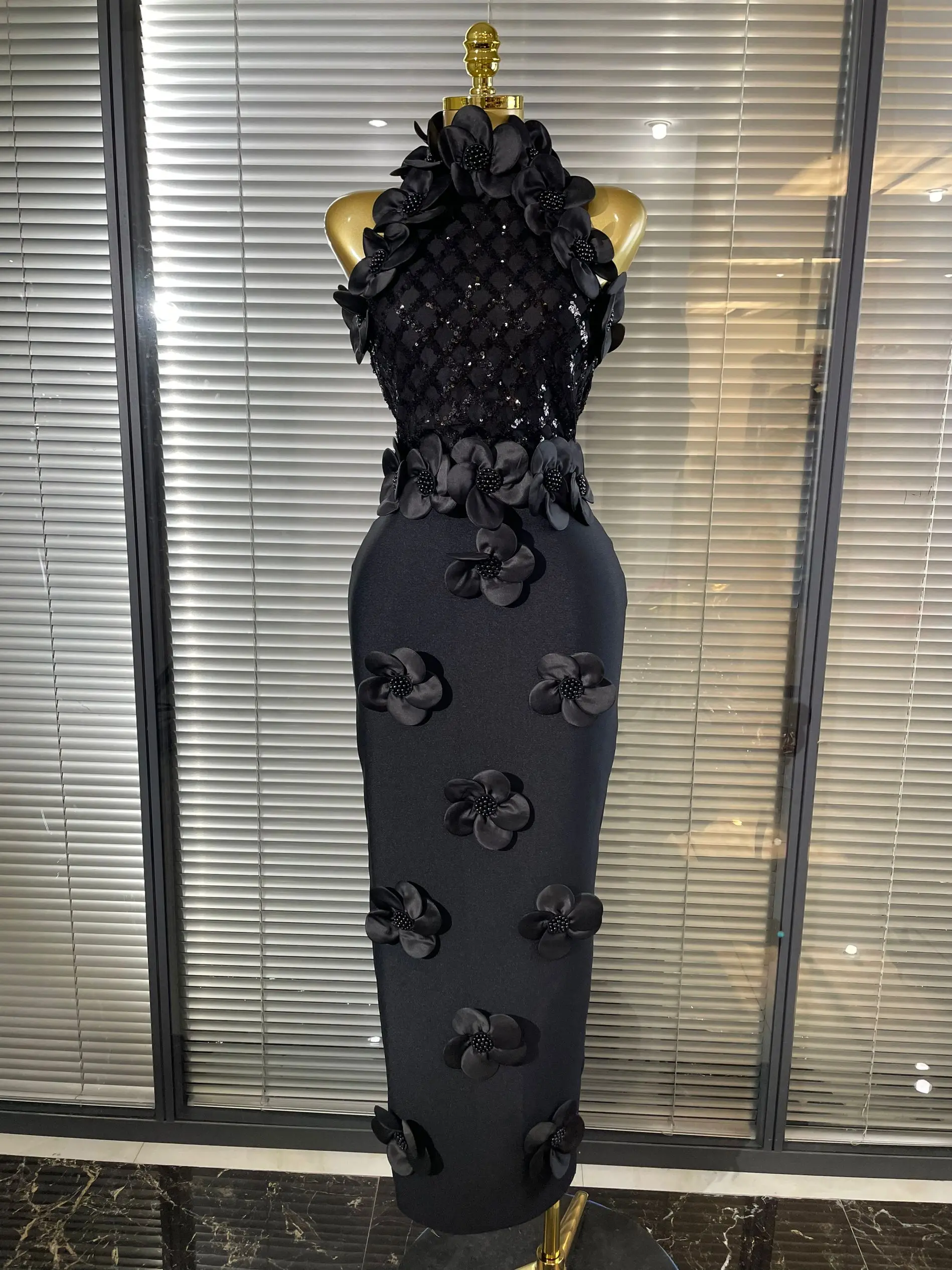 Black Red Women Shining Sequins Florals Sexy O-Neck Bodycon Bandage Long Dress Evening Party Christmas Birthday Outfit