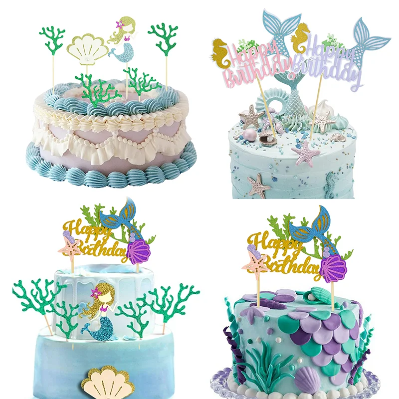 Acrylic Happy Birthday Cake Insert Card 1pc Marine Mermaid Starfish Letter Cake Toppers Birthday Party Bake Decoration Supplies