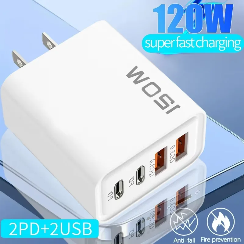 120W QC3.0 USB C PD Fast Charger Wall Adapter EU US UK Plug For iPhone 17 16 Samsung Xiaomi Huawei OnePlus Phone Quick Charging