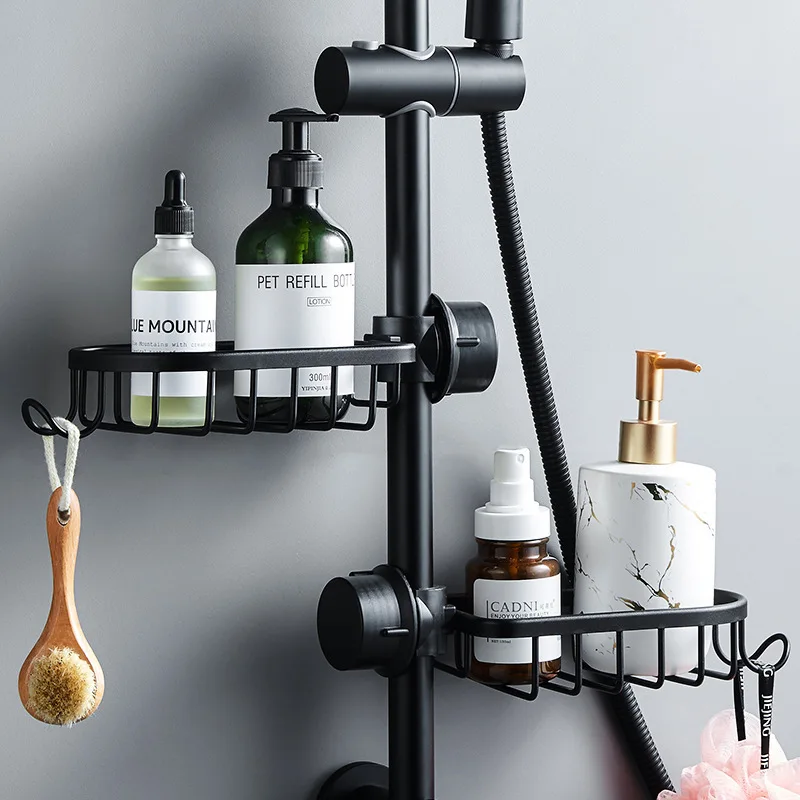 

Rack Space Aluminum Bathroom Shower Rod Tray Faucet Net Basket Storage