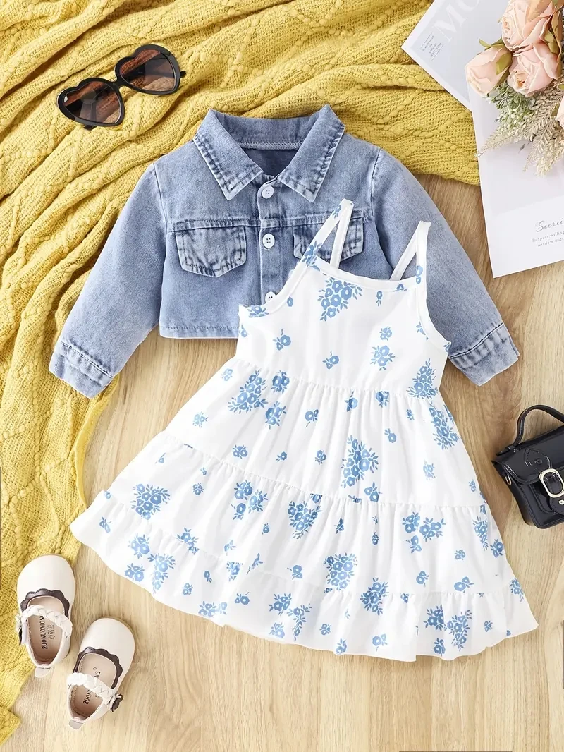 Infant/Toddler Girl's Floral Dress and Denim Jacket Set 1