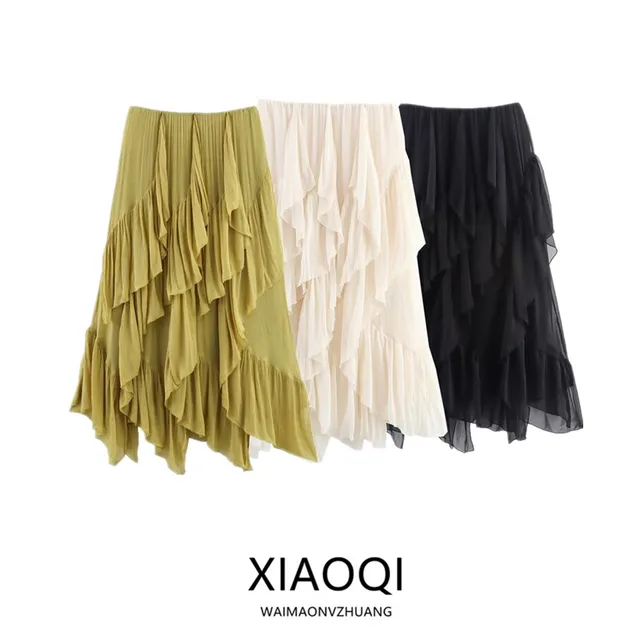 Midi Skirt Women's Faion Design Layered Decoration mid Waist Spring Summer New Arrival Skirts Asymmetric Polyester Casual