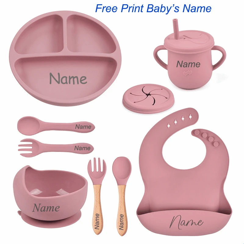 Silicone Tableware Set Personalized Name Baby Feeding Spoon Fork Suction Cup Bowl Dinner Plate Kids 8Pcs silicone dining plate silicone meal set silicone feeding set baby tableware set