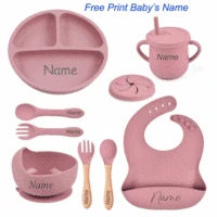 8Pcs Silicone Tableware Set Personalized Name Logo Baby Feeding Set Spoon Fork Suction Cup Bowl Silicone Dinner Plate For Kids 1