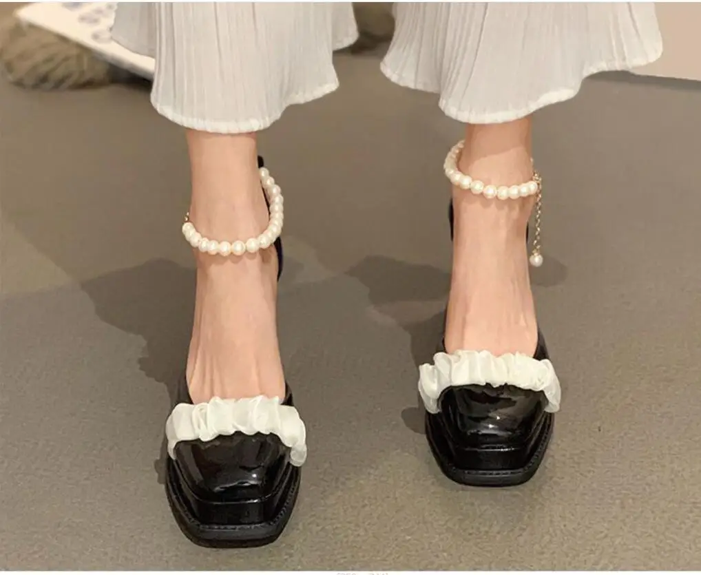 Autumn Spring Women Shoes  Fashion High Heels Banquet Wedding Shoes Sexy Pearl chunky heels square toe high heels Ladies Party