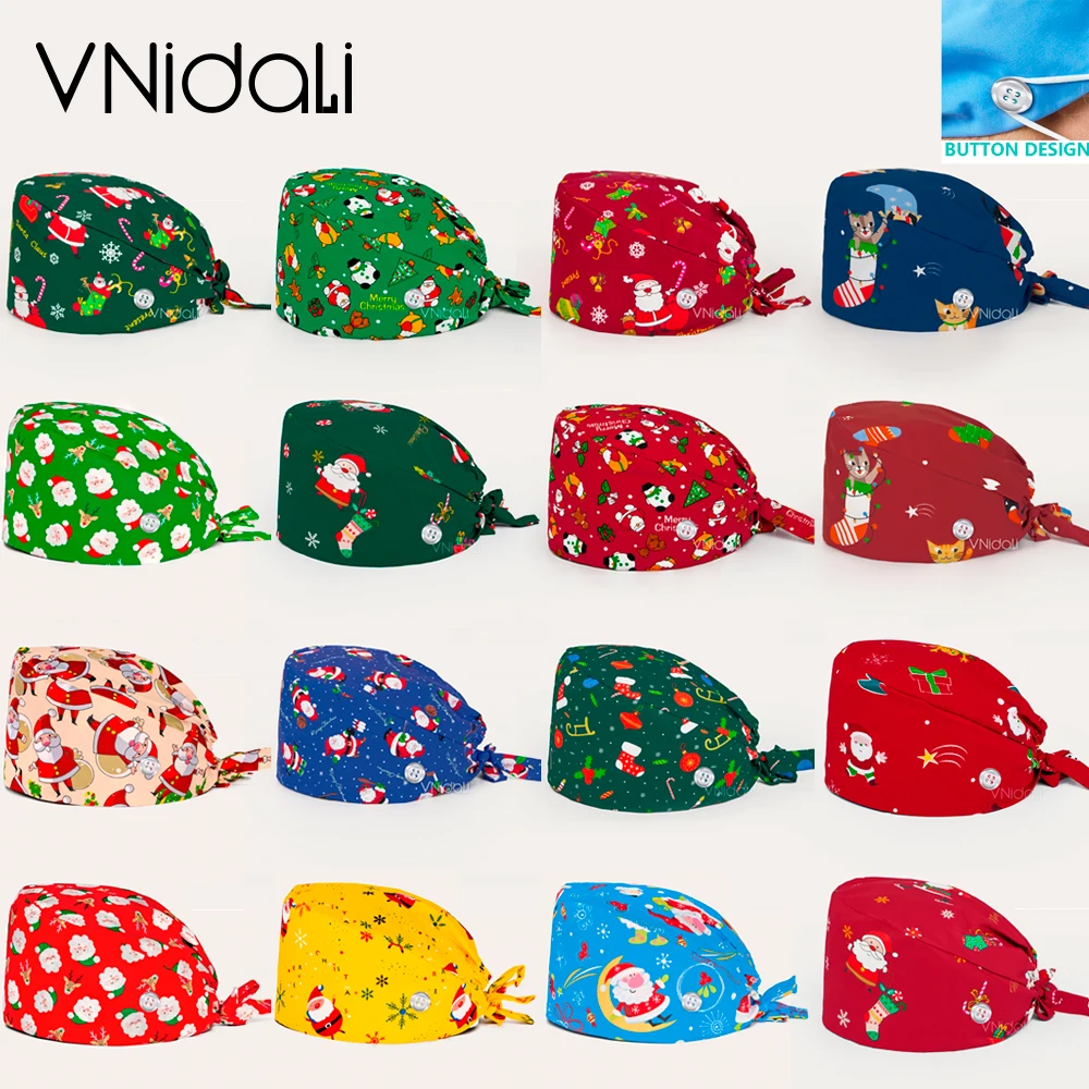 Womens Men Christmas Scrubs Caps Cartoon Print Scrub Hat Laboratory operator Cute Cartoon Dental Scrub hat nurse accessories