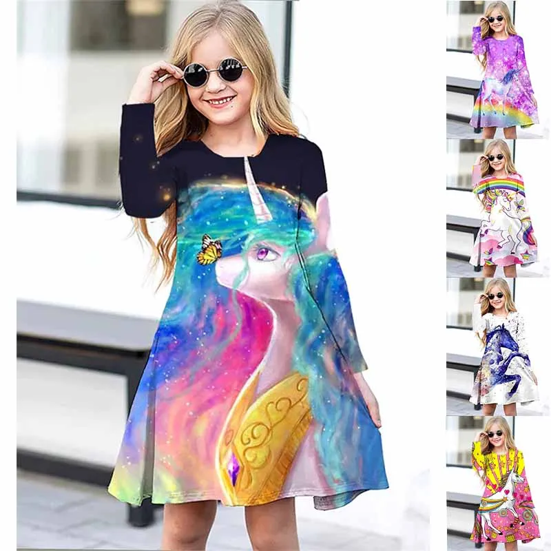 

Spring Autumn Everyday Street Fashion Knee-length Skirt Girls Animal Printing Dress Little Girls Round Neck Long Sleeve Skirt