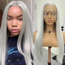 Silver Grey Long Lace Front Wig - Synthetic Straight Hair for Women, Daily Wear & Cosplay (Sliver Grey)