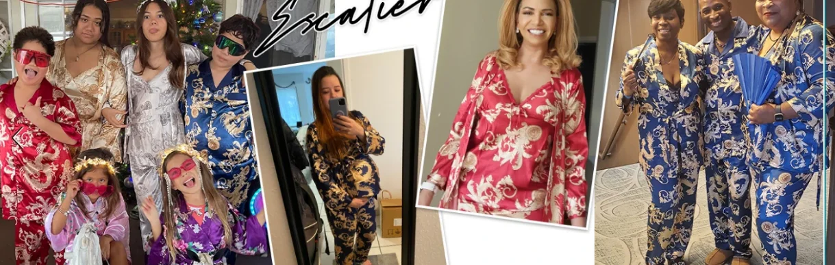 Luxuriöses Pyjama-Set aus königlichem Seidensatin, 3-teilig, Drachen-Blumendruck, seidiger Pyjama-Anzug, Nachtwäsche, Cami-Nachtwäsche mit Robe und Hose – Detail 2