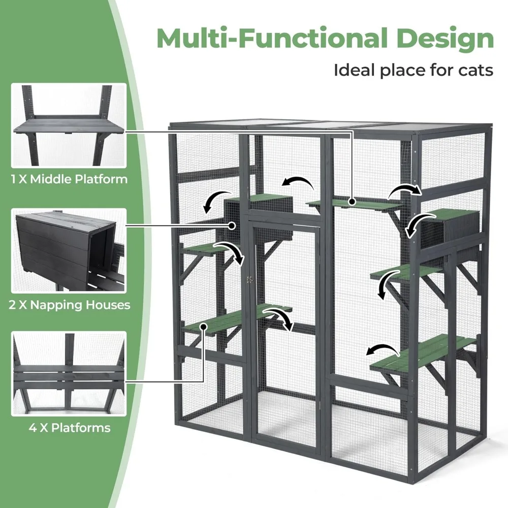 Cat House, Large Wooden Catio Outdoor Cat Enclosure Cage & Run Enclosures Indoor Kitty Window Catio with Waterproof Roof