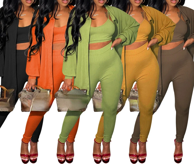 

Autumn and Winter New Solid Sexy Vest Trend Single Breasted Women's Three Piece Fashion Casual Pants Set Lady Trousers Set