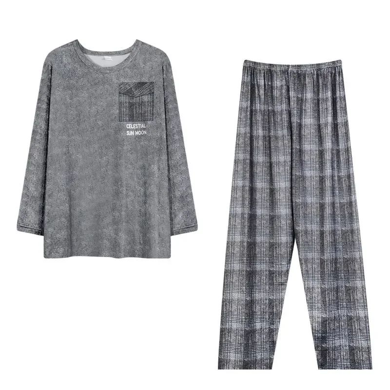 Pajama Sets 2PCS/Set Men Pajamas Long-Sleeved Korean Version Button down Tops and Pants Nightwear Homewear Plaid Sleepwear