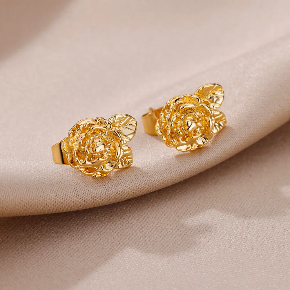 Vintage Rose Flower Earrings 18K Gold Plated Stainless Steel Stud Earring