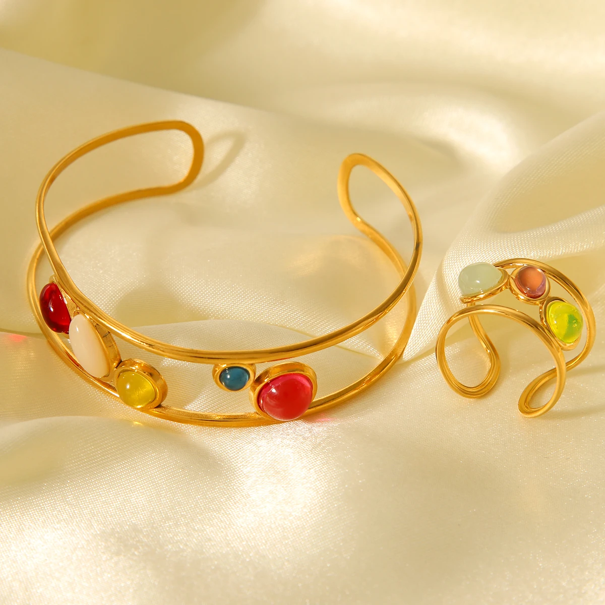 Huang Chao Edelstahl, dreifarbig, Retro-Edelstein, eingelegt, verstellbar, Damen-Design, Ring-Armband, 18 Karat vergoldet, Geschenkschmuck – Detail 8