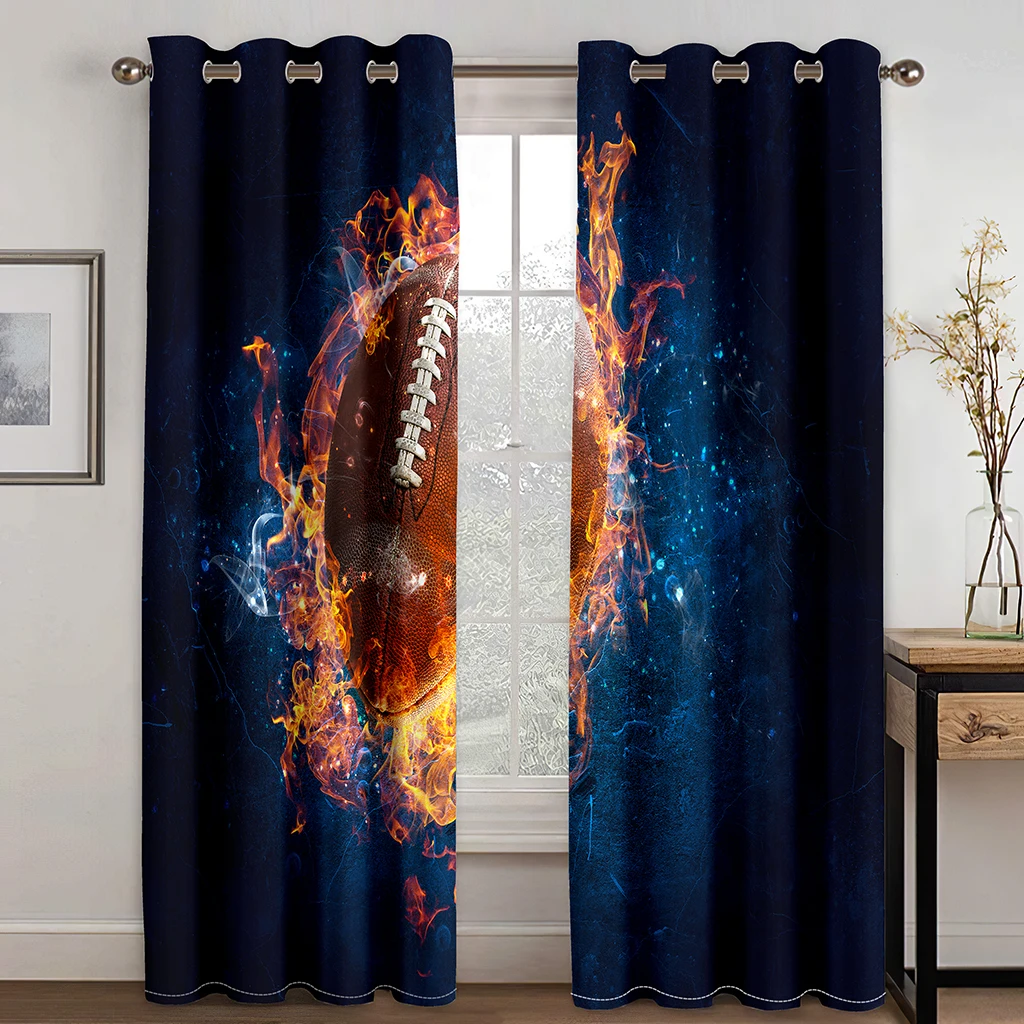 

Flame in baseball 3D digital printed curtain living room bedroom low blackout 99g polyester fiber curtain fabric two panels