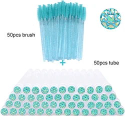 50-Pack Crystal Eyelash and Eyebrow Brush Set with Storage Tubes (50pcs mint glass)