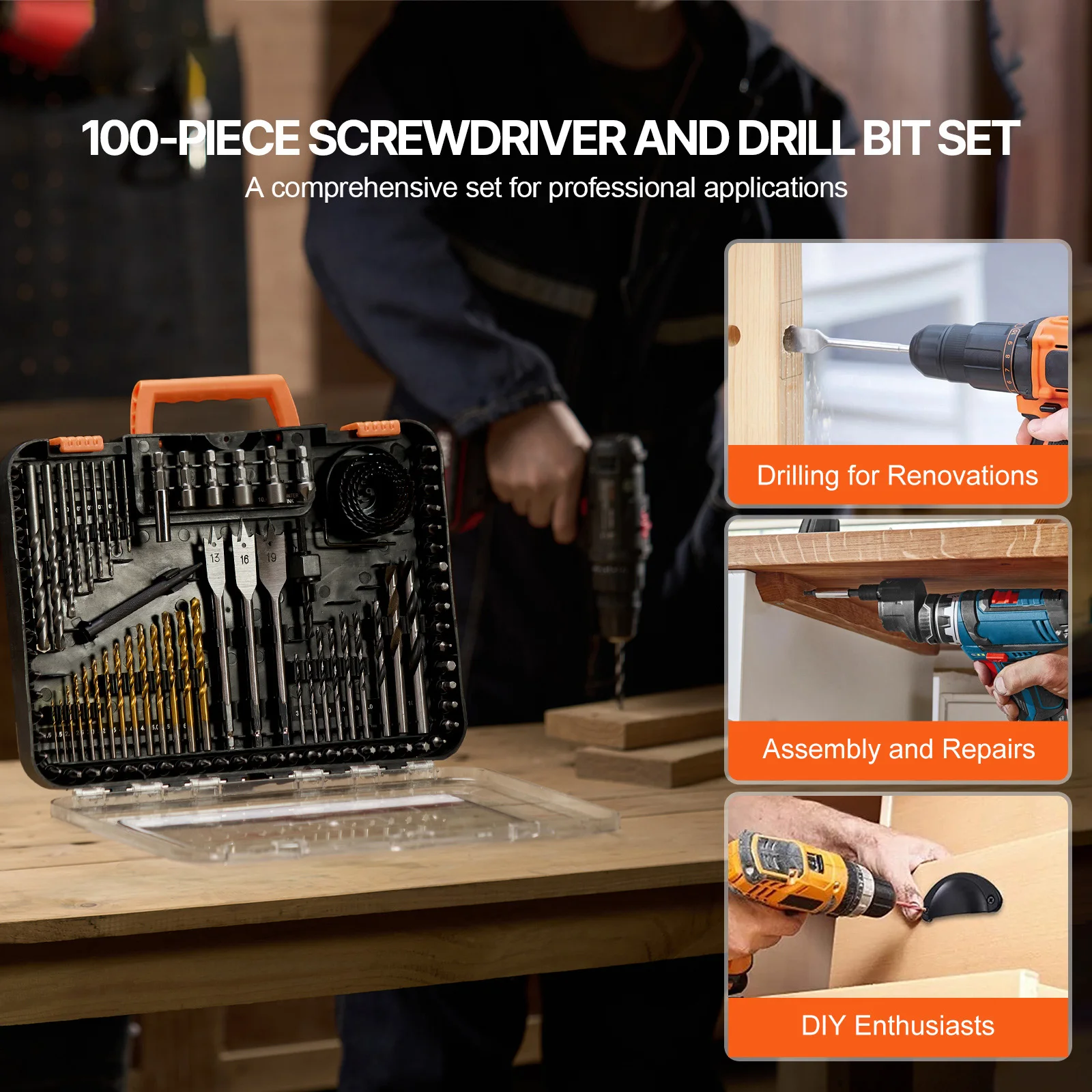 Drill Bit Set with Screwdriver Bits for Metal Wood Masonry