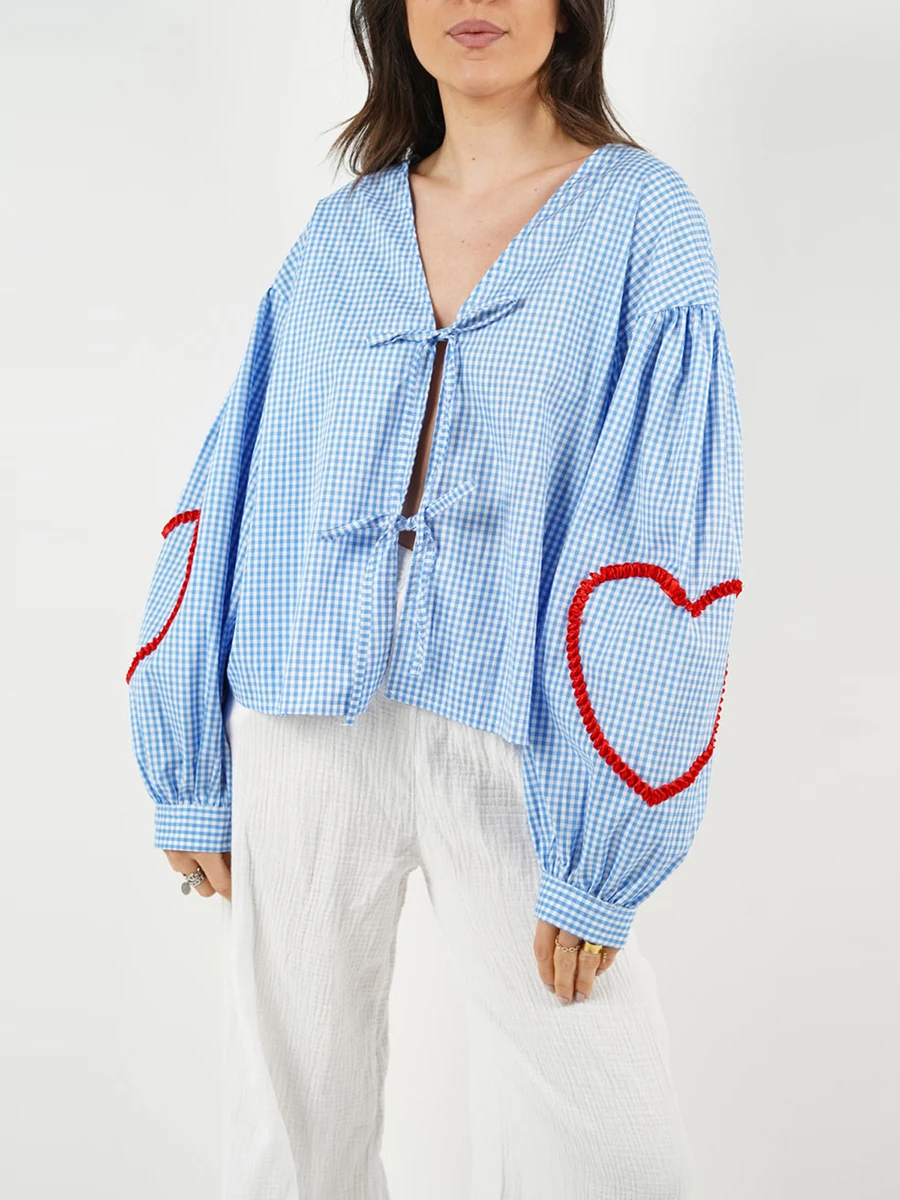 

Женская клетчатая блузка Mxiqqpltky, укороченный топ с длинными рукавами-фонариками, V-образным вырезом и завязкой, Y2K, рубашки с открытой передней частью, уличная одежда