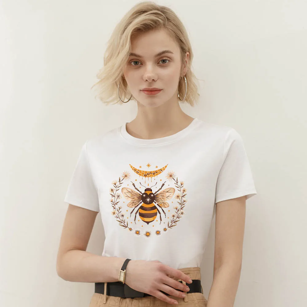 Summer Women Funny Bee Printed T Shirt Black Causal Cotton Tee Feamle