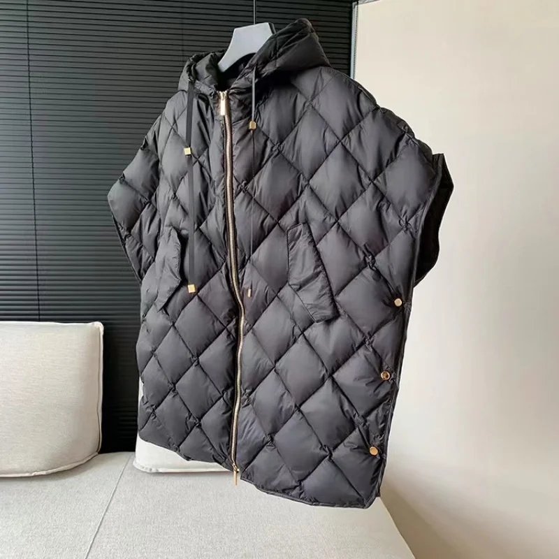 Winter Bat Sleeve Puffer Down Waistcoat Grid Loose Warm Fashion Hooded Sleeveless Coat 90% White Duck Down Streetwear Oversized
