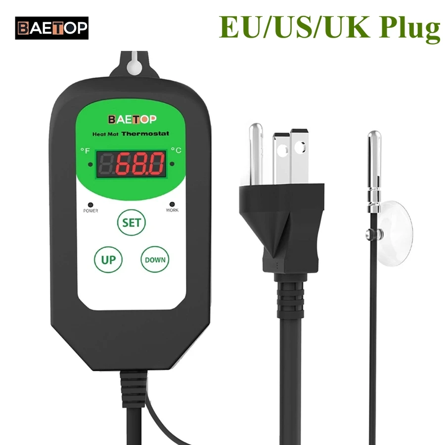 Settable Temperature Controller, Thermostat for Greenhouse Plants Germination, Reptiles Brewing, Digital, 68-108F