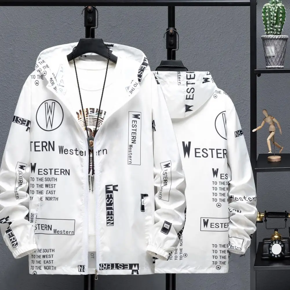 Sun Protection Coat Men's Sun Protection Hooded Jacket with Quick Drying Technology Zipper Placket Letter Print Long for Fishing