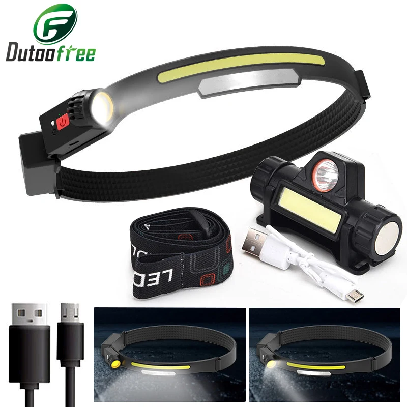LED Head Lamp USB Rechargeable Induction Headlamp COB with Built-in Battery Flashlight Head Torch 4 Lighting Modes Head Light