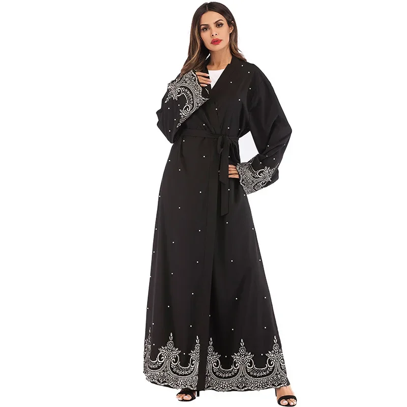 2023 Ramadan Lace With Pearls Abaya Dubai Kaftan Turkish Middle East Islamic Clothing Muslim Fashion For Women Evening Dress