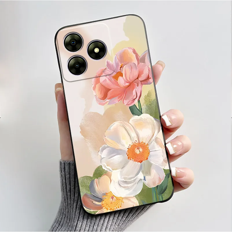 Cute Flower Cartoon Printed Soft Silicone Phone Case — Black Shell Cover