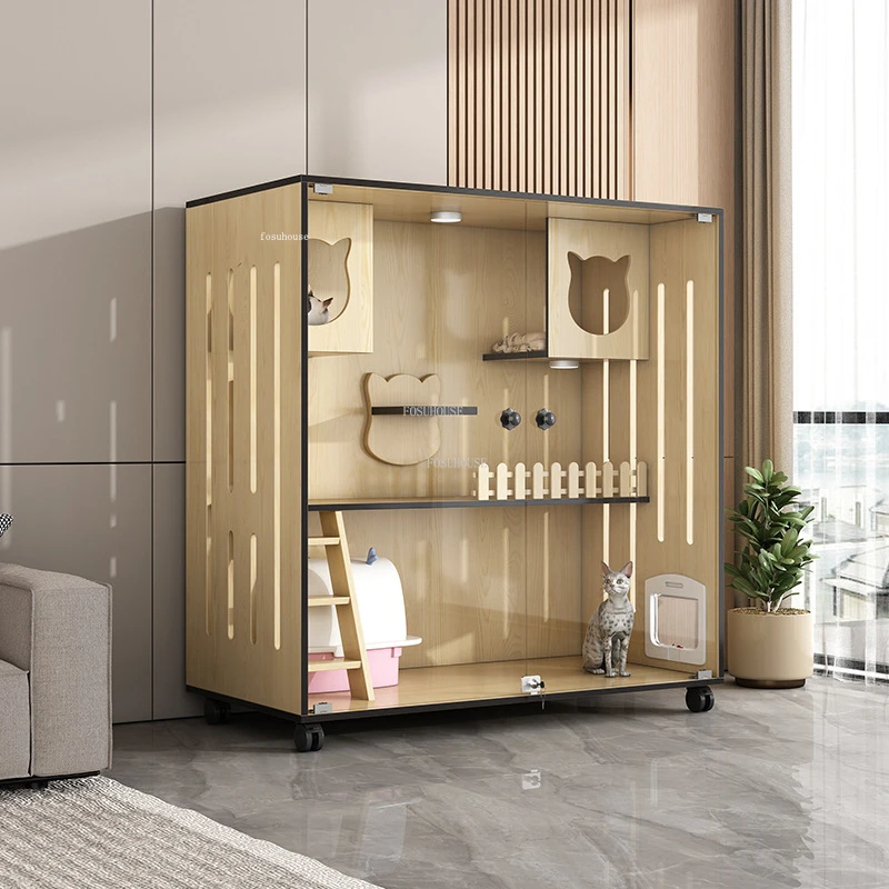 Nordic Solid Wood Cat Cages Indoor Transparent Glass Cat House Simple Panoramic Large Villa Household Waterproof Cage