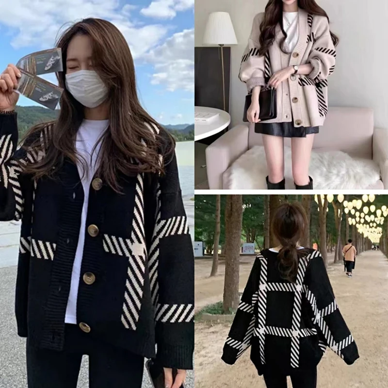 Korean Fashion Loose Fit Cardigan Sweater Striped V-neck Women's Knitted Casual Versatile Simple  Lady Jacket Spring Autumn New