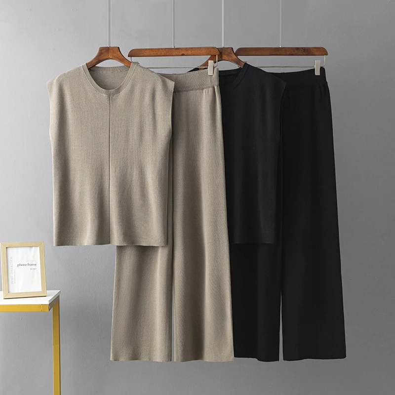 Women's Sleeveless Vest Sweater and Wide-leg Pants Ice Silk Suit Summer Solid Color Casual Outfit Pullovers Suits Knit Tracksuit